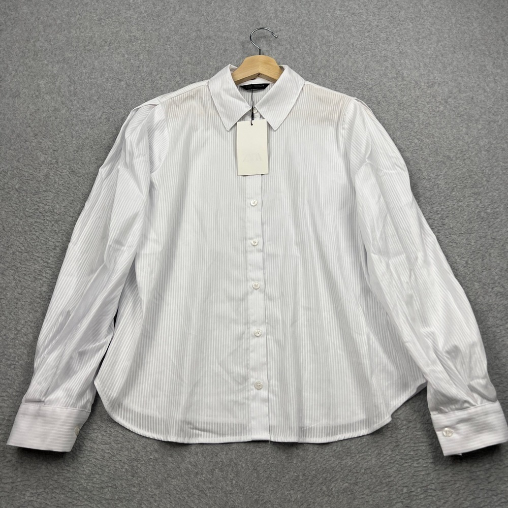 NEW Zara Shirt Womens Medium White Sheer Striped Long Sleeve Button Up Office